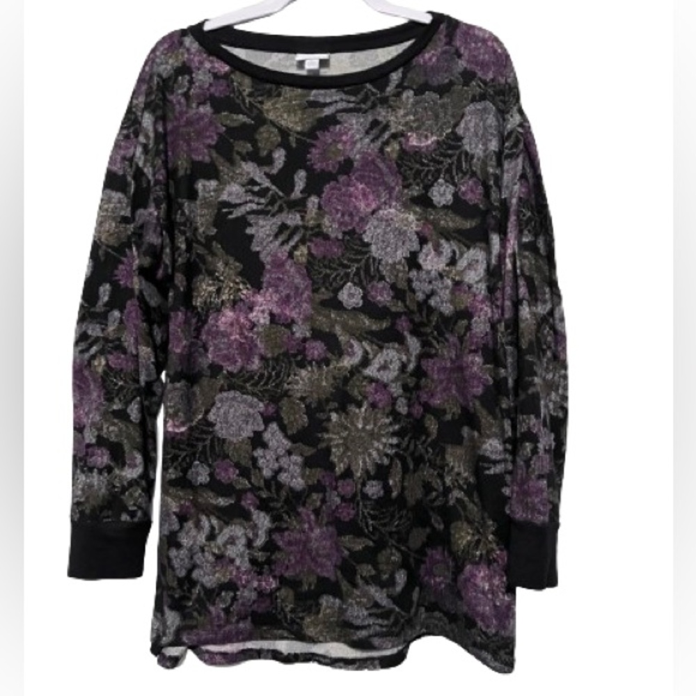 LuLaRoe Purple and Black Floral Print Long Sleeve Top L